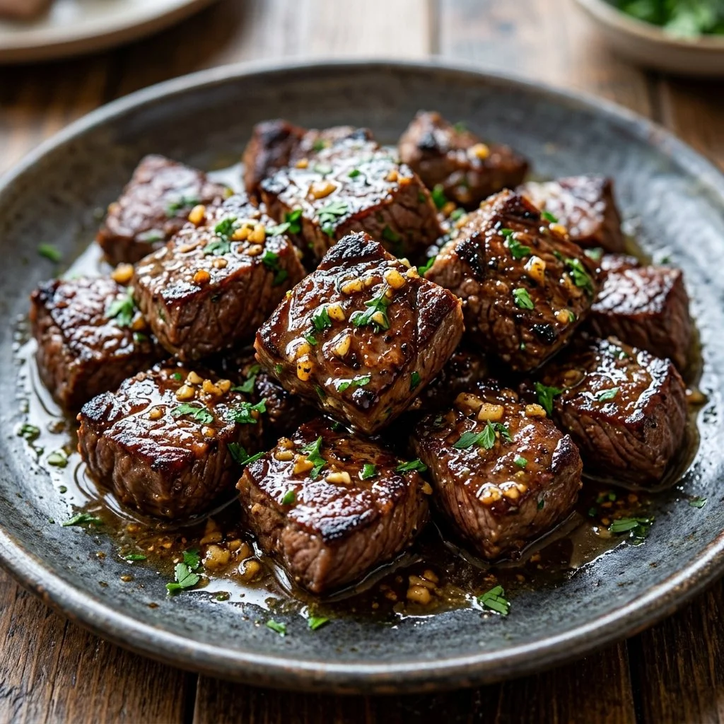 Delicious steak bites topped with garlic butter and herbs