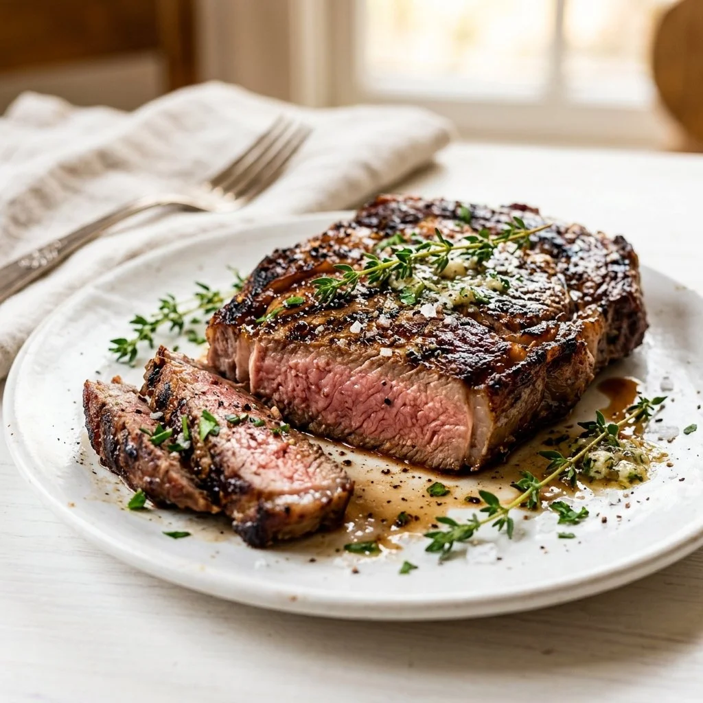 Juicy pan-seared steak recipe with herbs and spices.