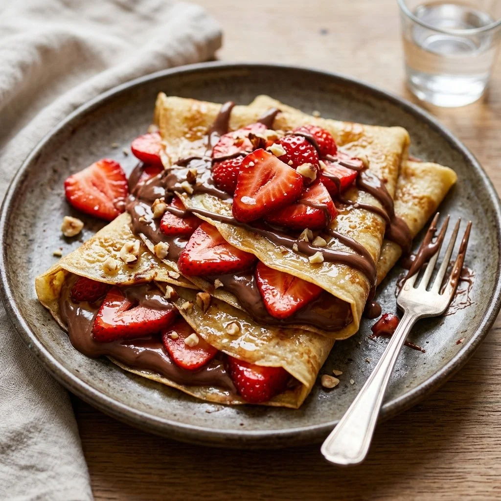 Delicious Strawberry Nutella Crepes topped with fresh strawberries and Nutella