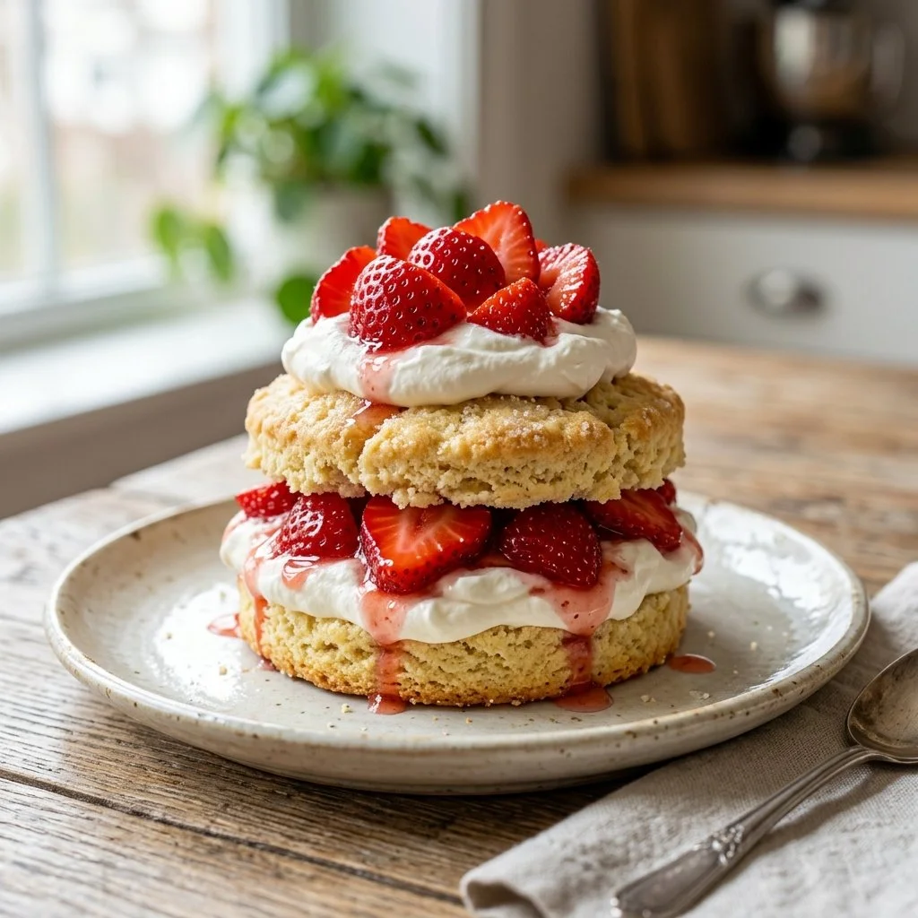 Delicious homemade Strawberry Shortcake topped with fresh strawberries and cream