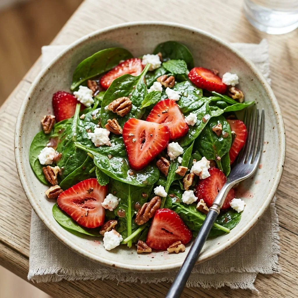 Freshly prepared Strawberry Spinach Salad with berries and greens