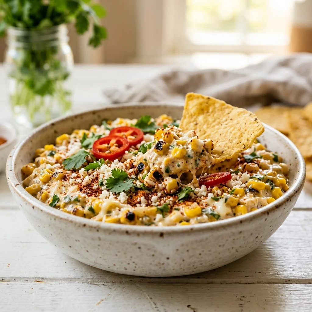 Delicious Street Corn Dip served in a bowl, garnished with cilantro and chili powder.