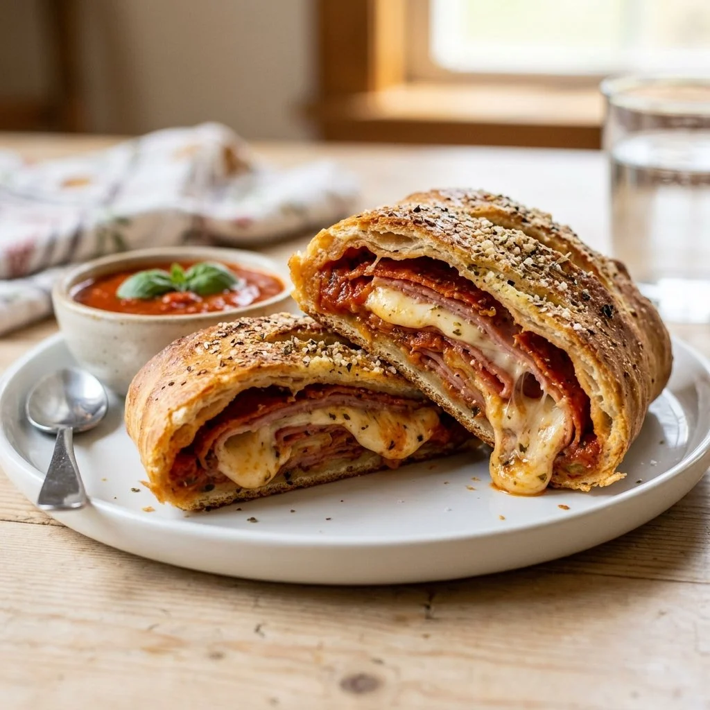 Homemade Stromboli filled with cheese and pepperoni on a wooden board