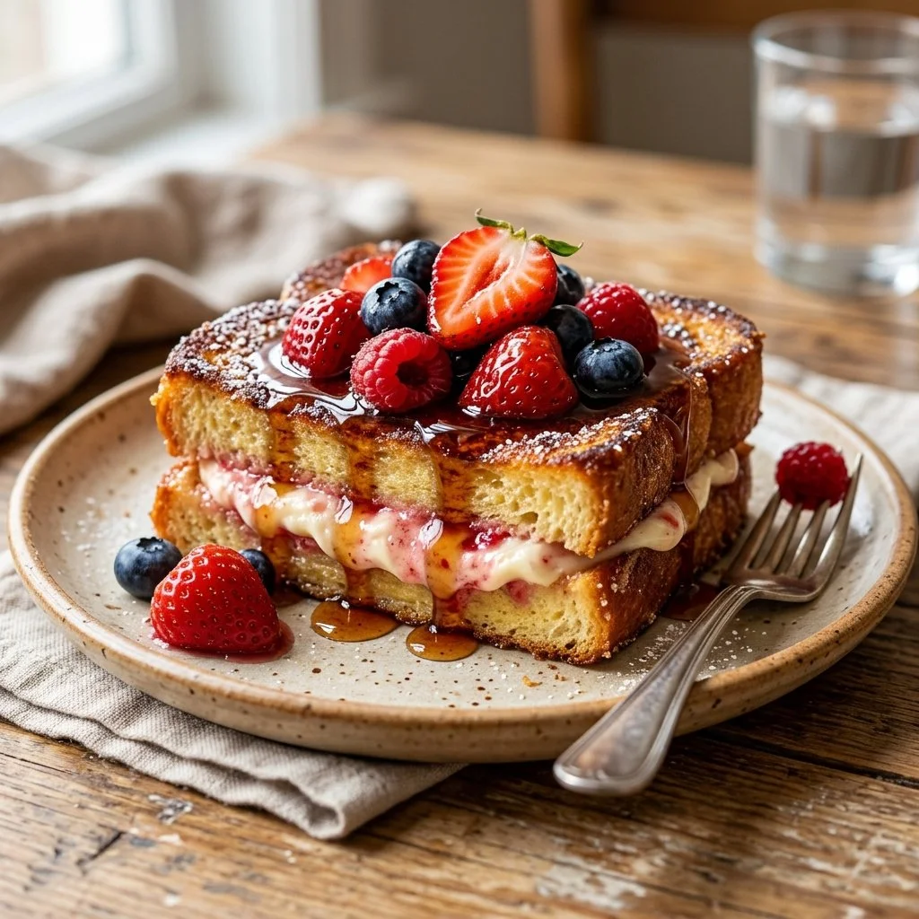 Delicious Stuffed French Toast with creamy filling on a plate