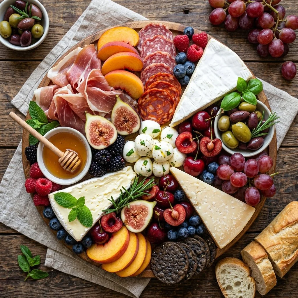 Summer charcuterie board featuring seasonal fruits, meats, and cheeses.