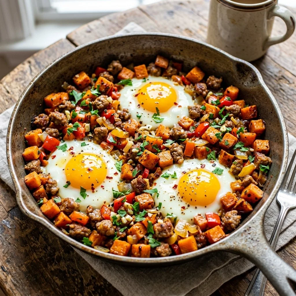 Sweet potato breakfast hash with vegetables in a skillet