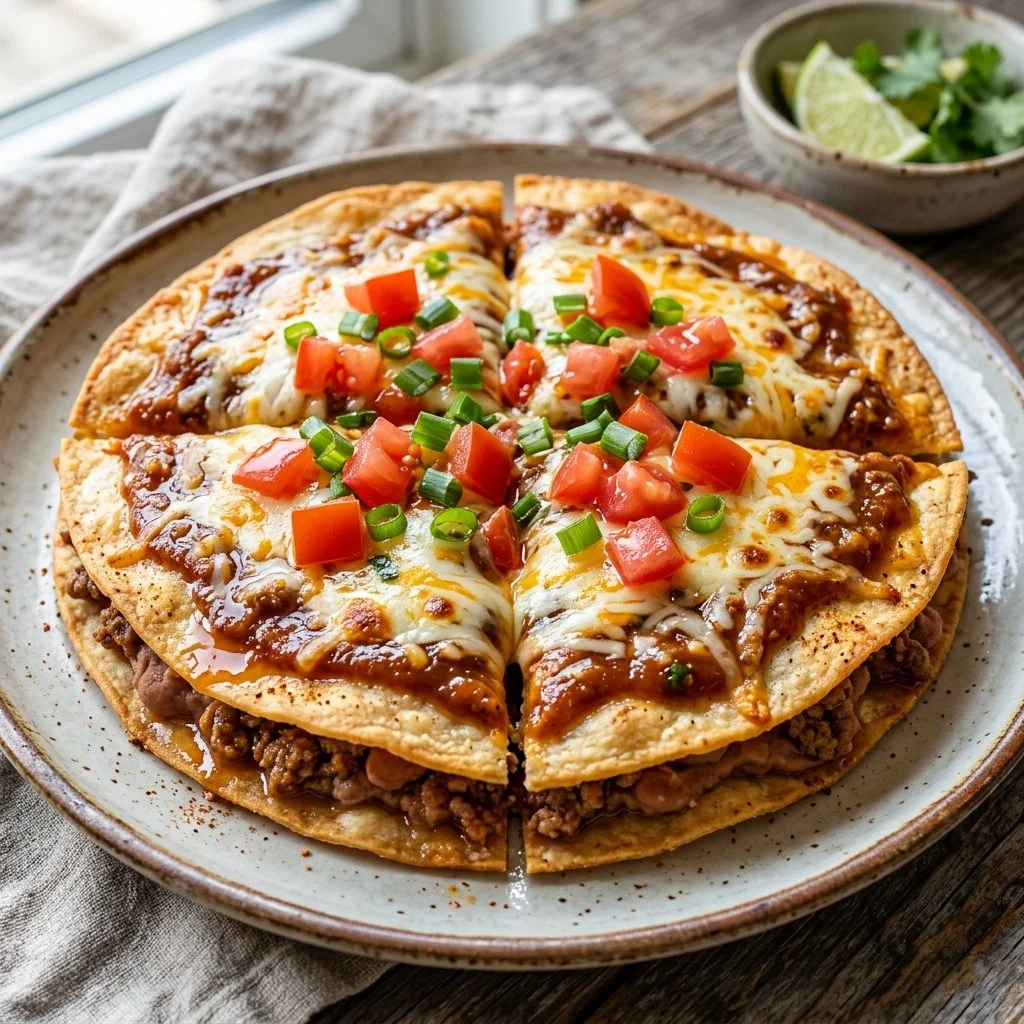 Taco Bell Mexican Pizza topped with seasoned beef, cheese, and fresh toppings