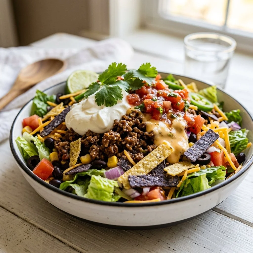Colorful taco salad filled with fresh ingredients and toppings served in a bowl