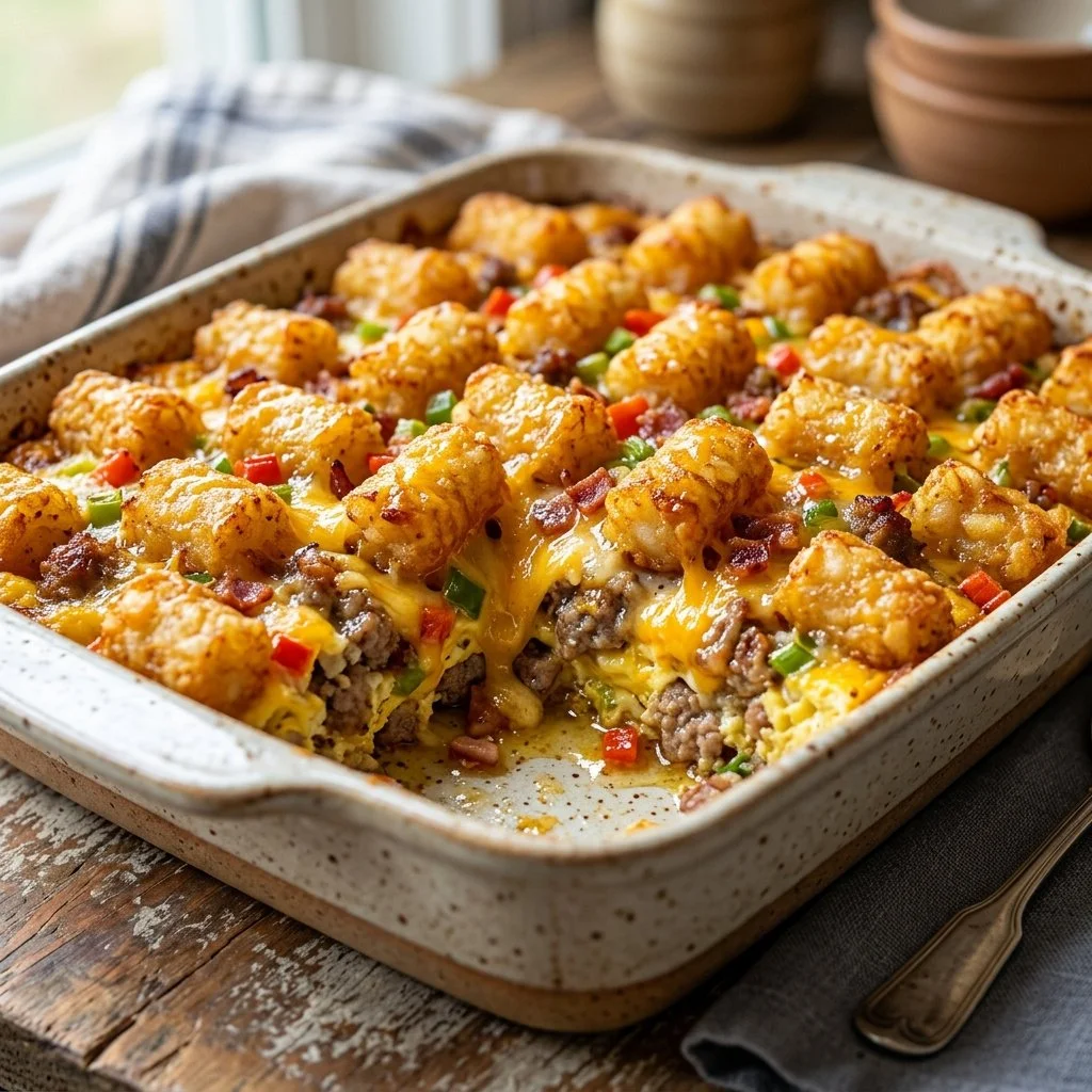 Delicious Tater Tot Breakfast Casserole topped with cheese and eggs