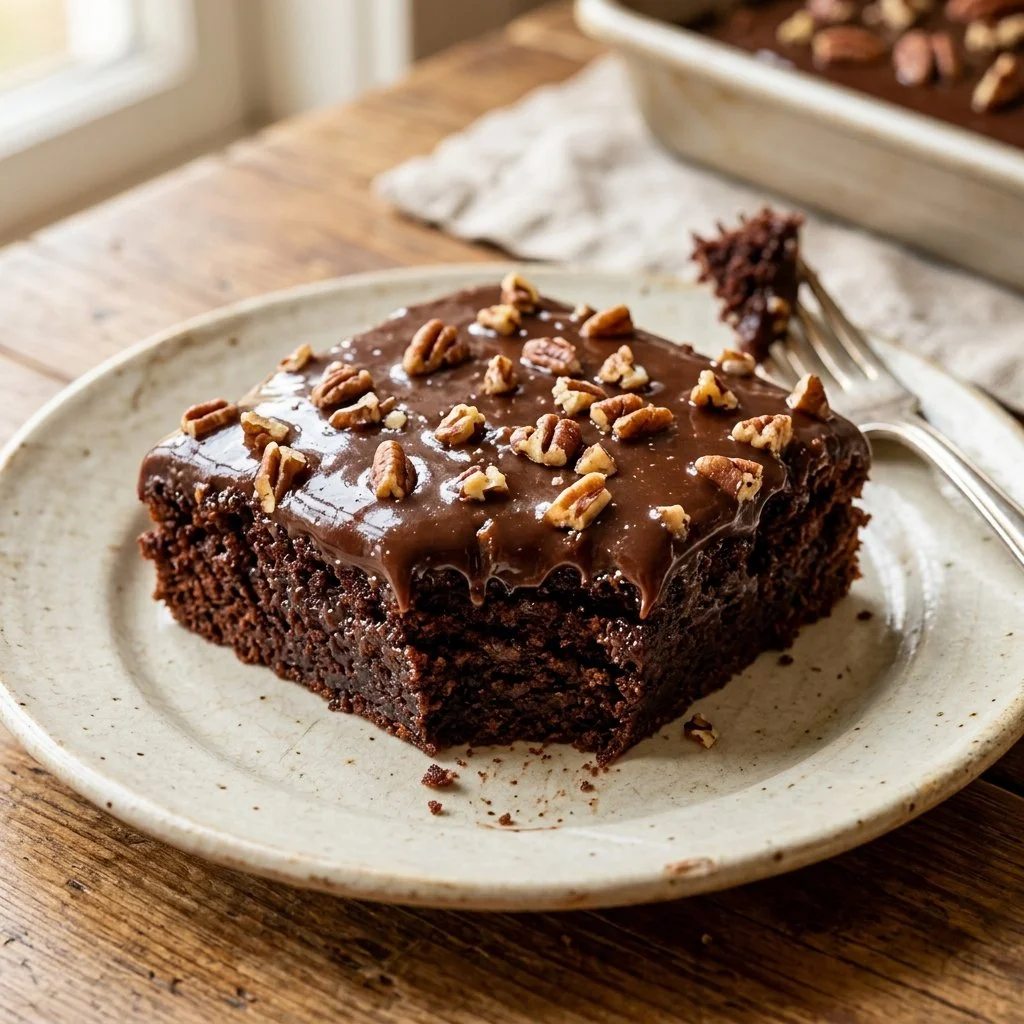 Delicious homemade Texas Sheet Cake with chocolate frosting