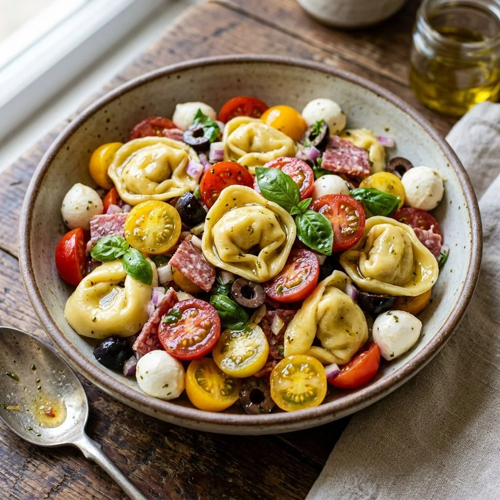 Colorful Tortellini Salad with fresh vegetables and dressing