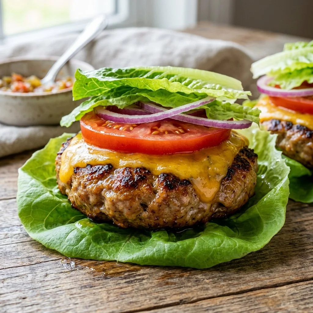 Turkey burger lettuce wraps with fresh ingredients for a healthy meal