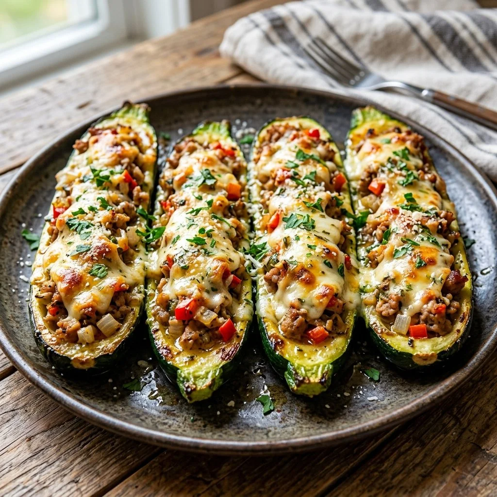 Turkey stuffed zucchini boats fresh out of the oven, topped with cheese and herbs.