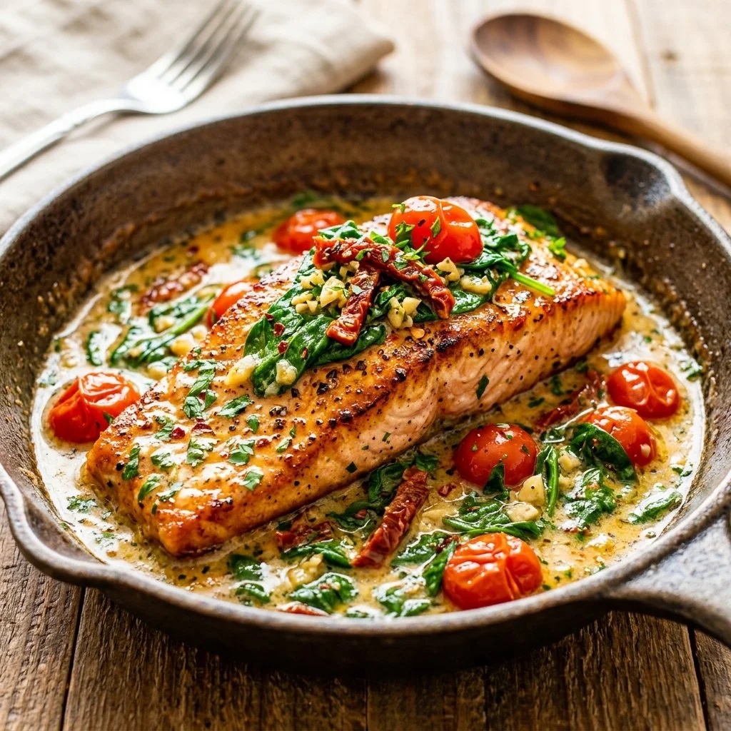Delicious Tuscan Butter Salmon garnished with herbs and served on a plate