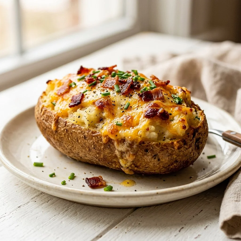 Twice baked potatoes filled with creamy cheese and bacon, garnished with chives.