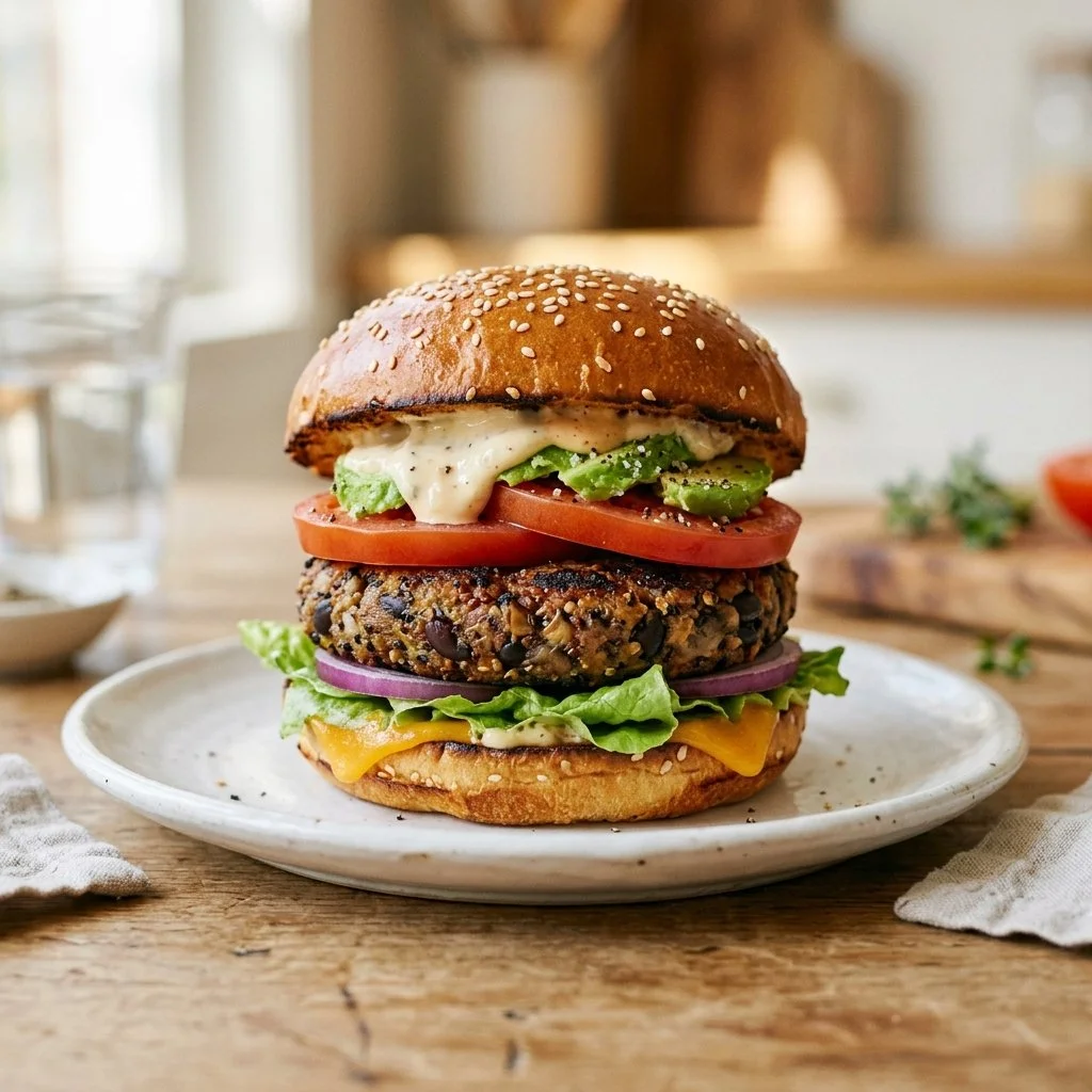 Delicious homemade veggie burger served with fresh toppings
