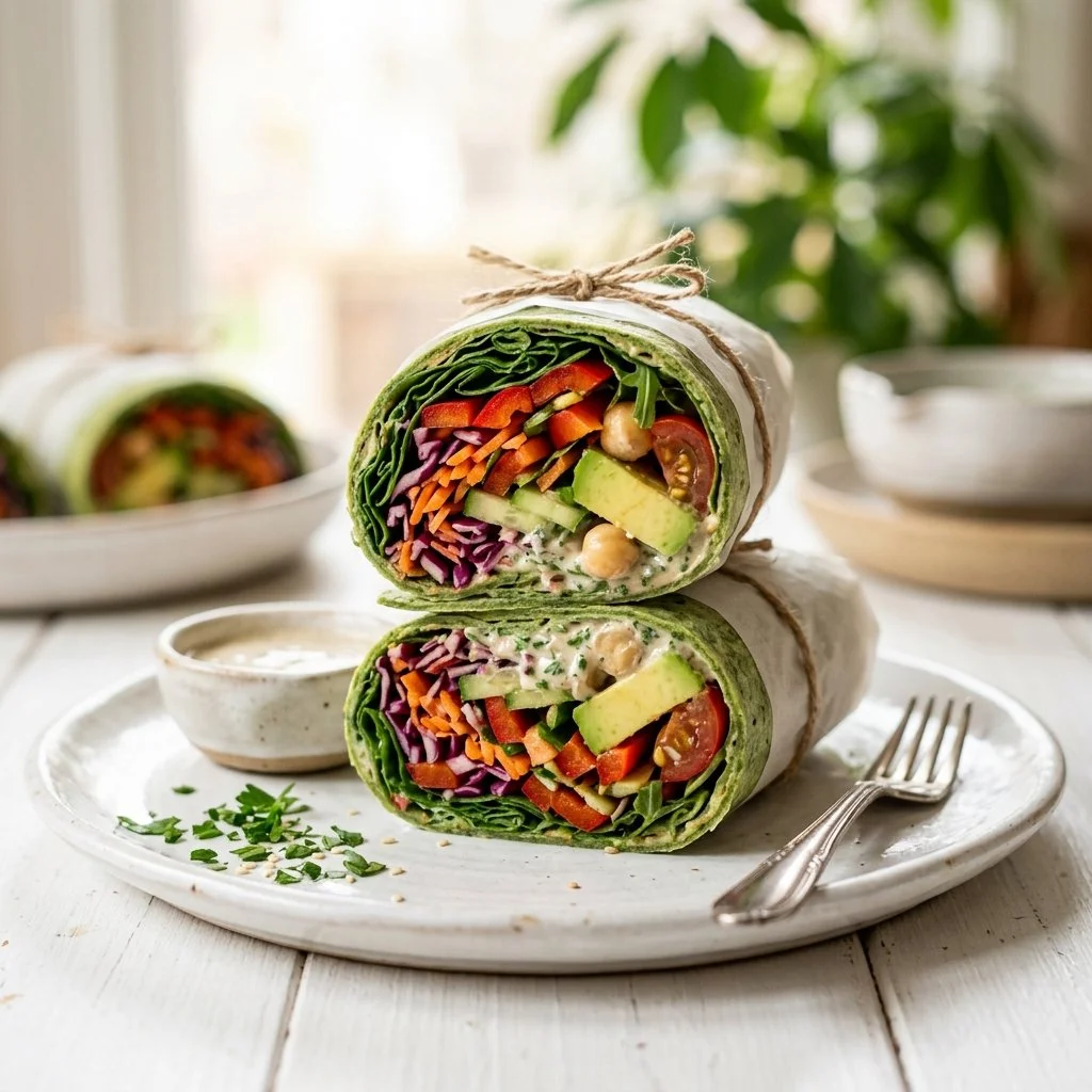 Colorful veggie wrap filled with fresh vegetables and herbs