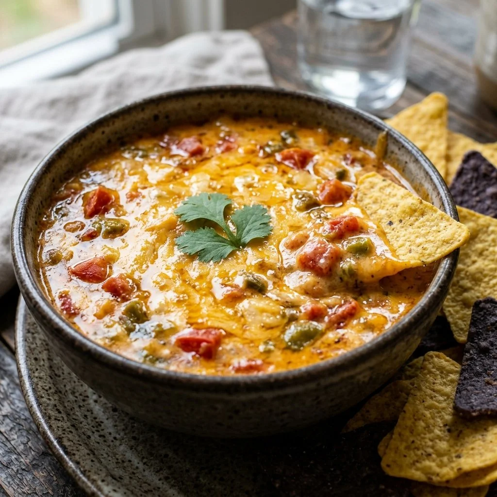 Delicious Velveeta Rotel Dip served with tortilla chips on a table