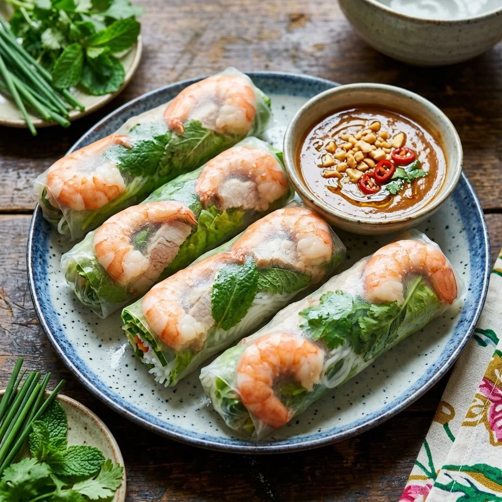 Delicious Vietnamese summer rolls filled with fresh vegetables and herbs