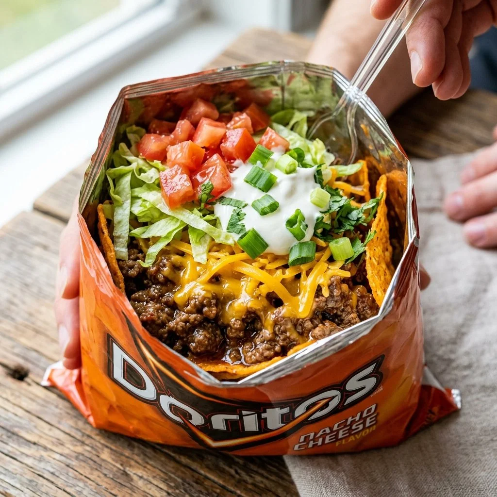 A delicious Walking Taco served in a bag with toppings like cheese and salsa.