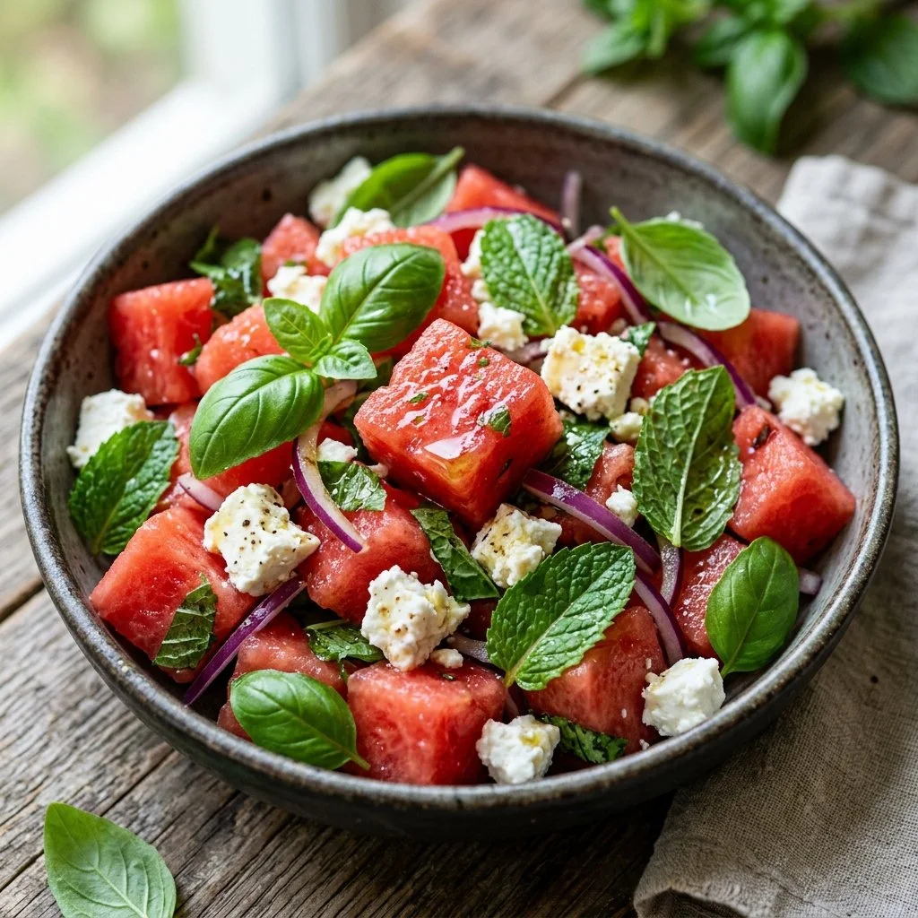 Delicious Watermelon Feta Salad with mint and balsamic dressing