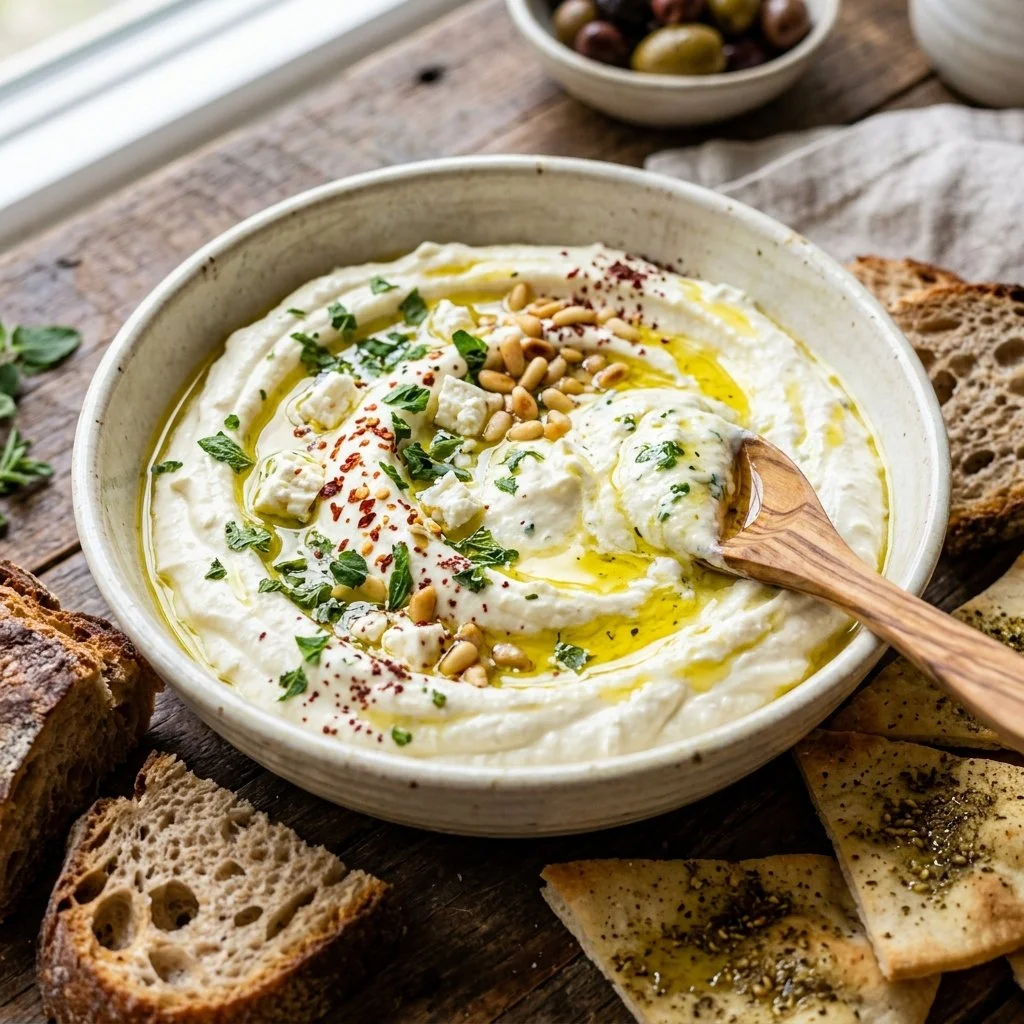 Delicious whipped feta dip served with fresh vegetables and pita bread