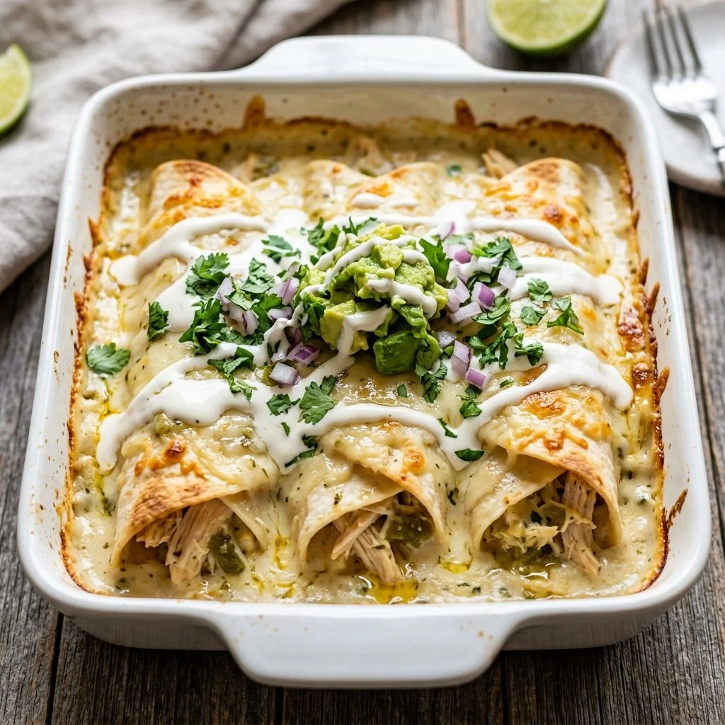 Creamy white chicken enchiladas topped with cheese and fresh cilantro