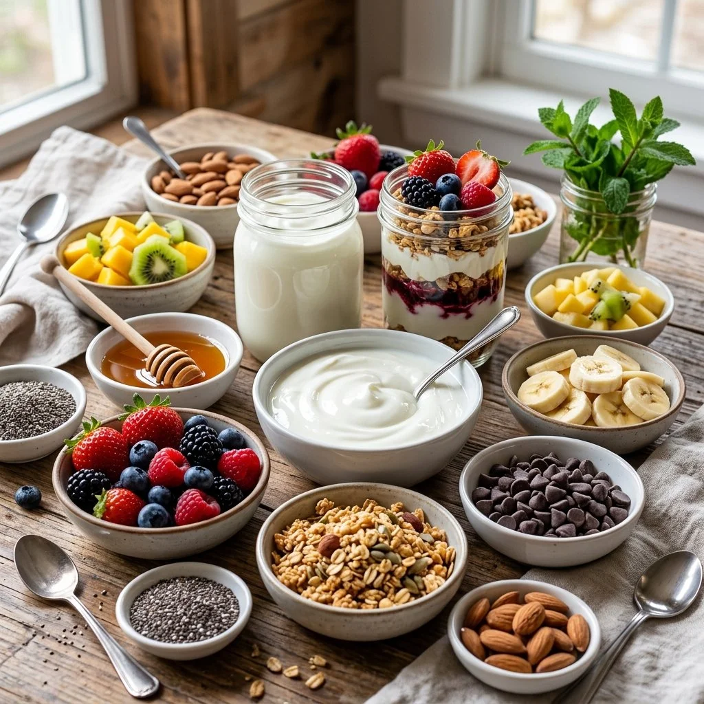 Yogurt parfait bar with assorted toppings and fresh ingredients