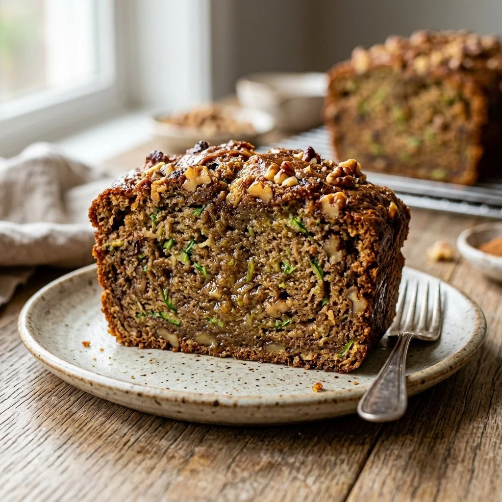 Loaf of freshly baked zucchini bread with green stripes and sliced for serving