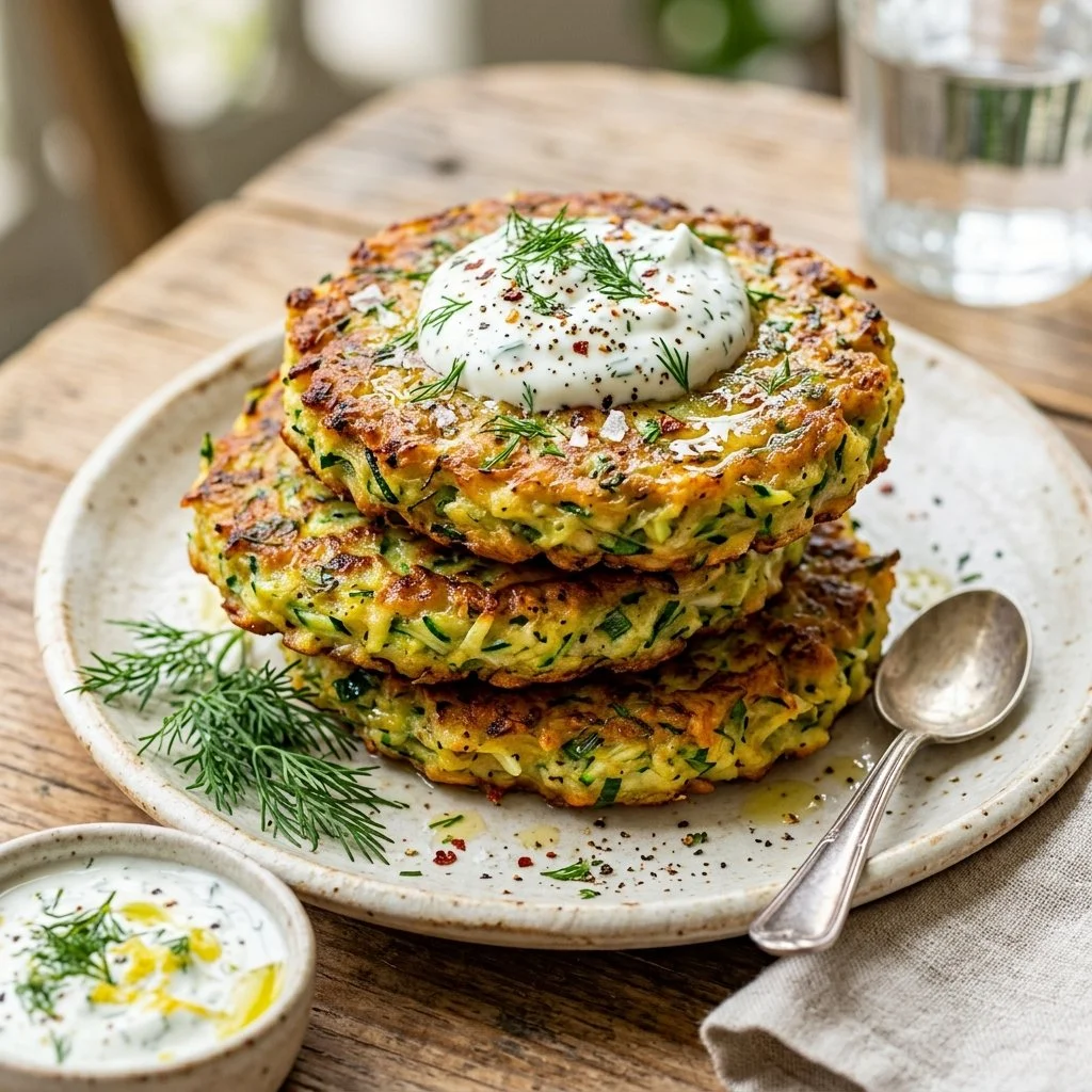 Golden brown zucchini fritters served on a plate with dipping sauce