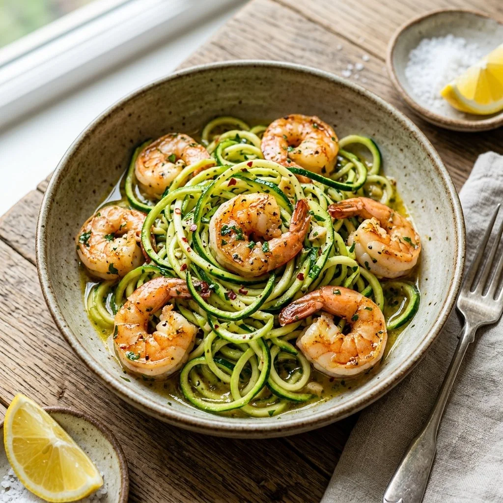 Zucchini noodle shrimp scampi topped with fresh herbs and garlic