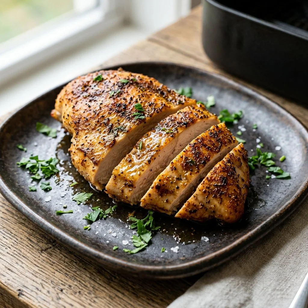 Juicy air fryer chicken breast served with vegetables