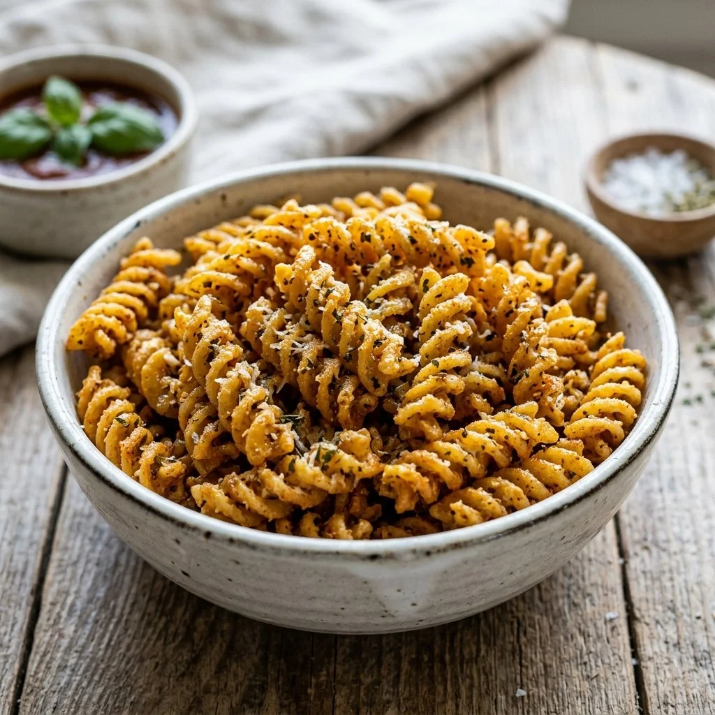 Delicious air fryer pasta chips served in a bowl, featuring golden, crispy texture.