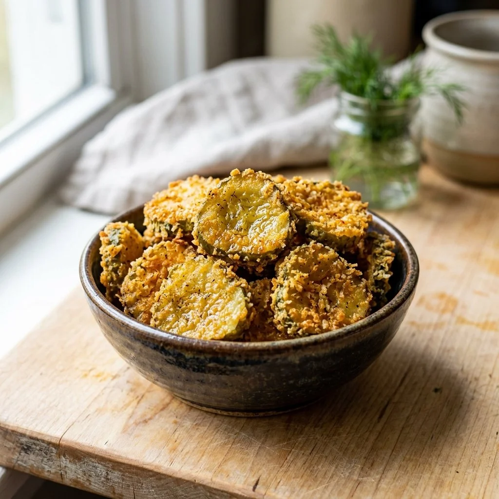 Crispy air fryer pickle chips served in a bowl.