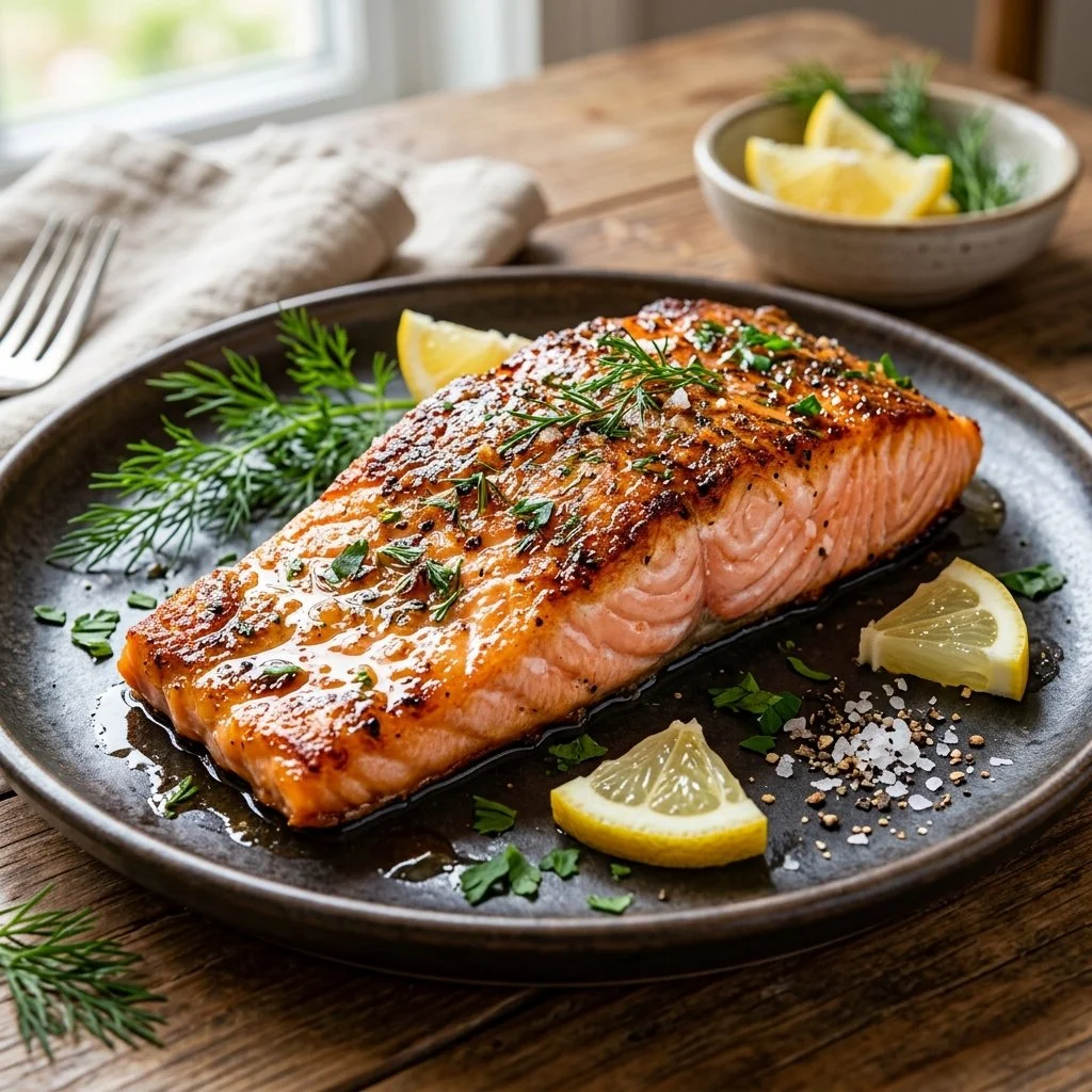 Crispy air fryer salmon fillet garnished with herbs and lemon slices