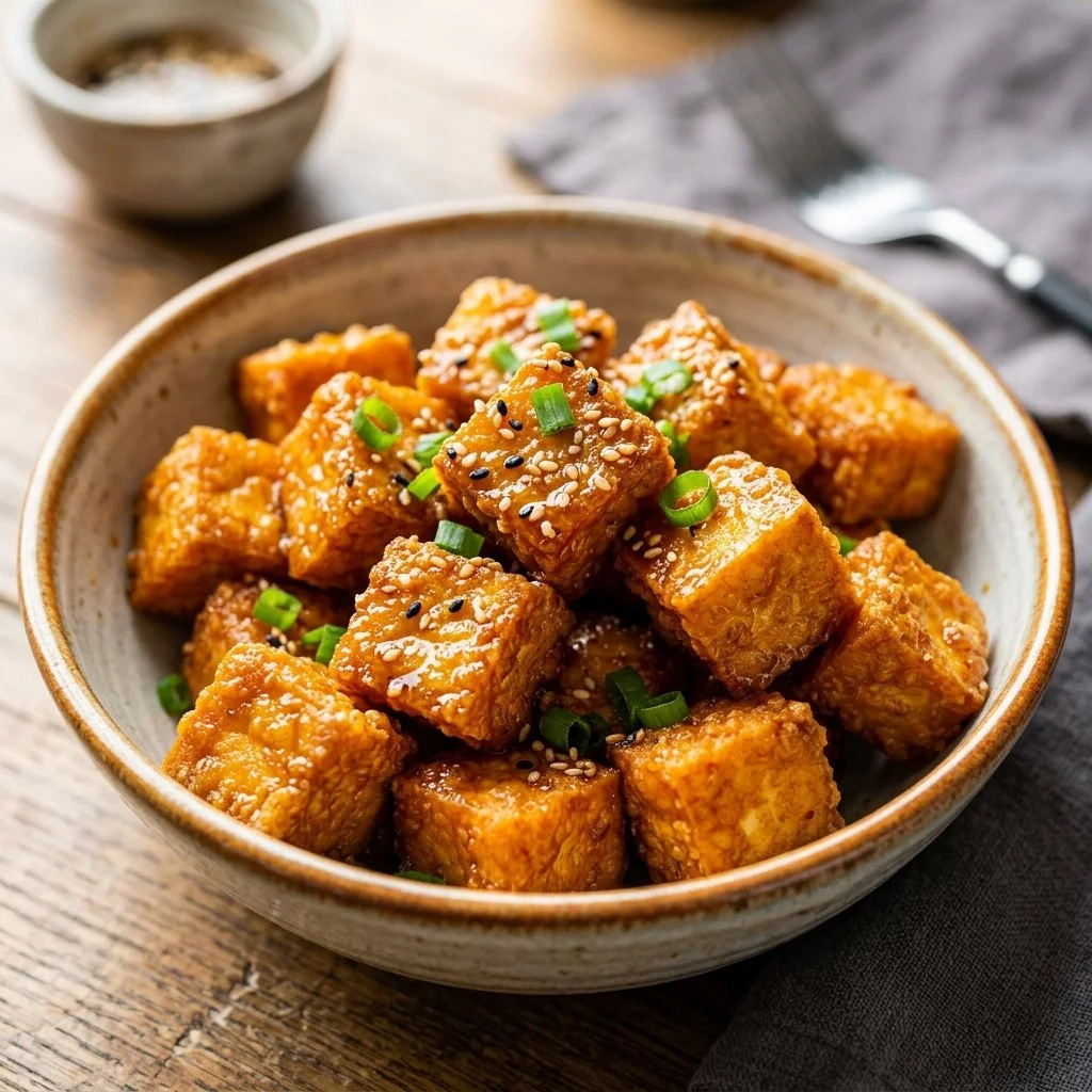 Crispy air fryer tofu served with vegetables and sauce