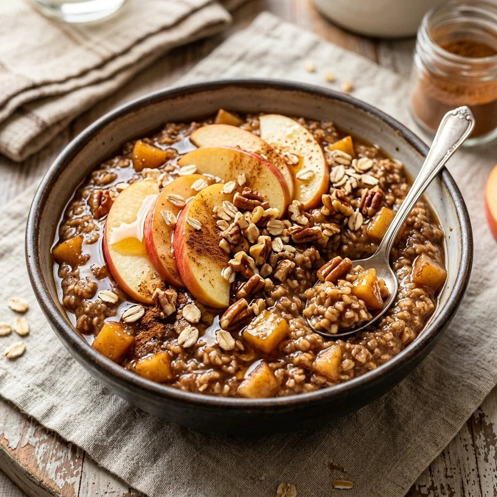 Bowl of delicious apple cinnamon oatmeal topped with fresh apples and cinnamon.