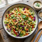 A vibrant Asian chopped salad with colorful vegetables and sesame dressing.