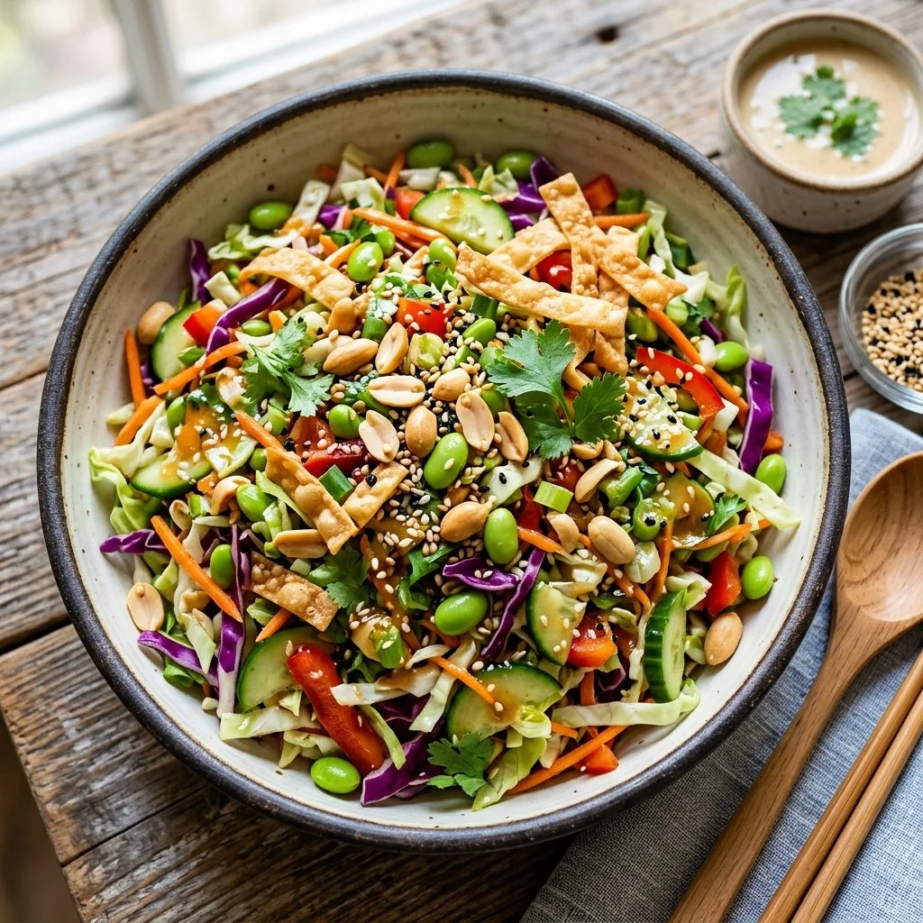 A vibrant Asian chopped salad with colorful vegetables and sesame dressing.