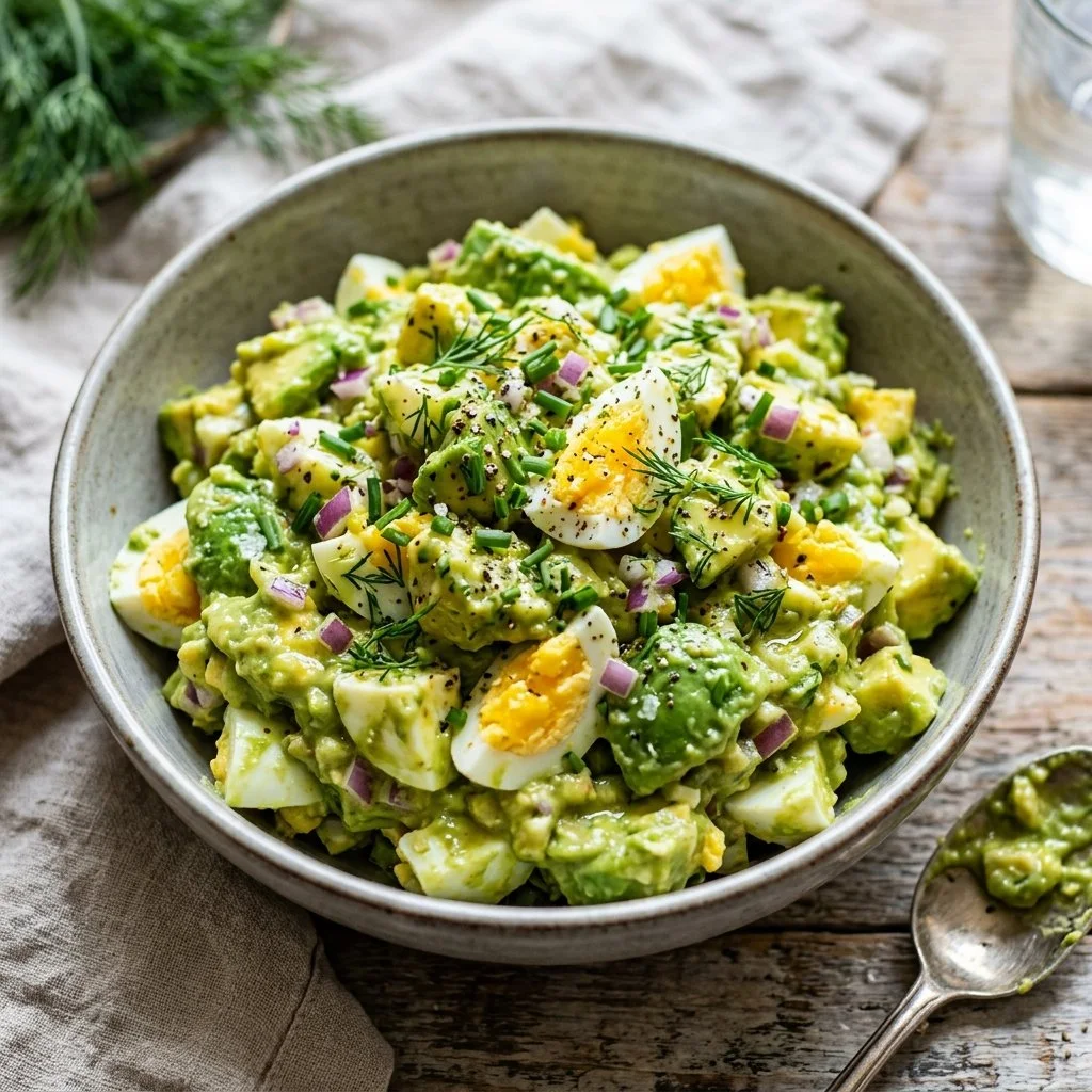 Delicious avocado egg salad served in a bowl with fresh herbs