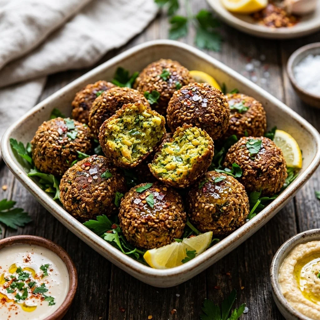 Plate of homemade baked falafel served with fresh vegetables and tahini sauce