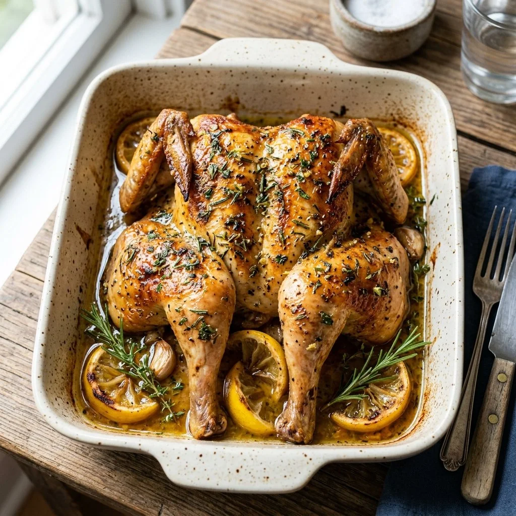 Baked lemon herb chicken garnished with fresh herbs