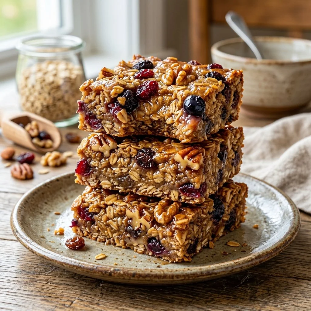 Healthy baked oatmeal bars with fruits and nuts on a wooden table