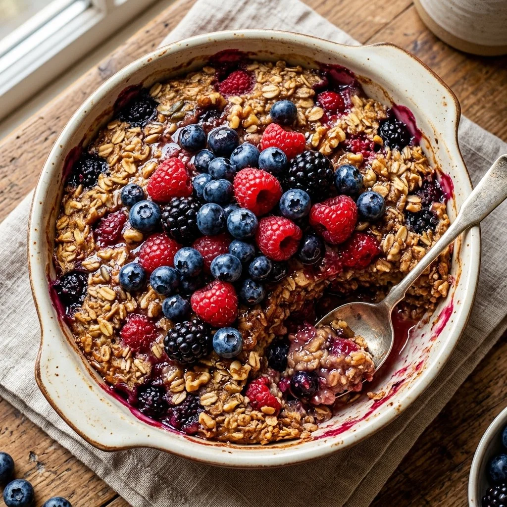 Delicious baked oatmeal with fresh berries in a colorful dish