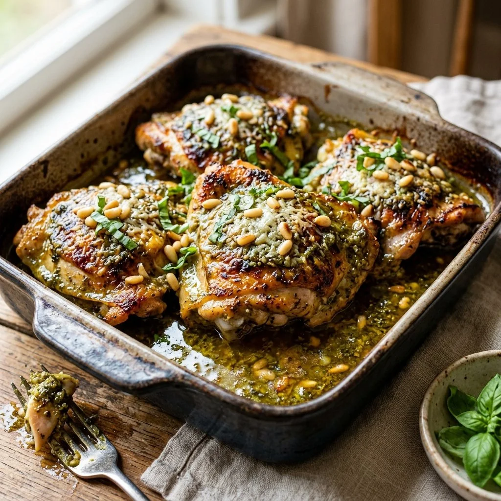 Baked pesto chicken thighs garnished with fresh basil and served on a plate.