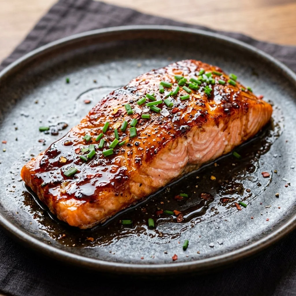 Delicious Balsamic Glazed Salmon on a white plate with fresh herbs.