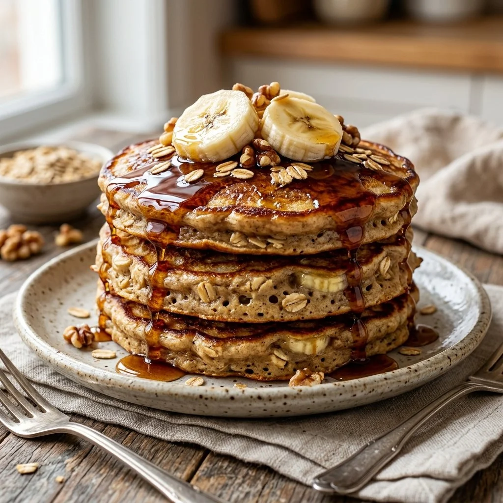 Fluffy banana oat pancakes stacked with fresh bananas and maple syrup