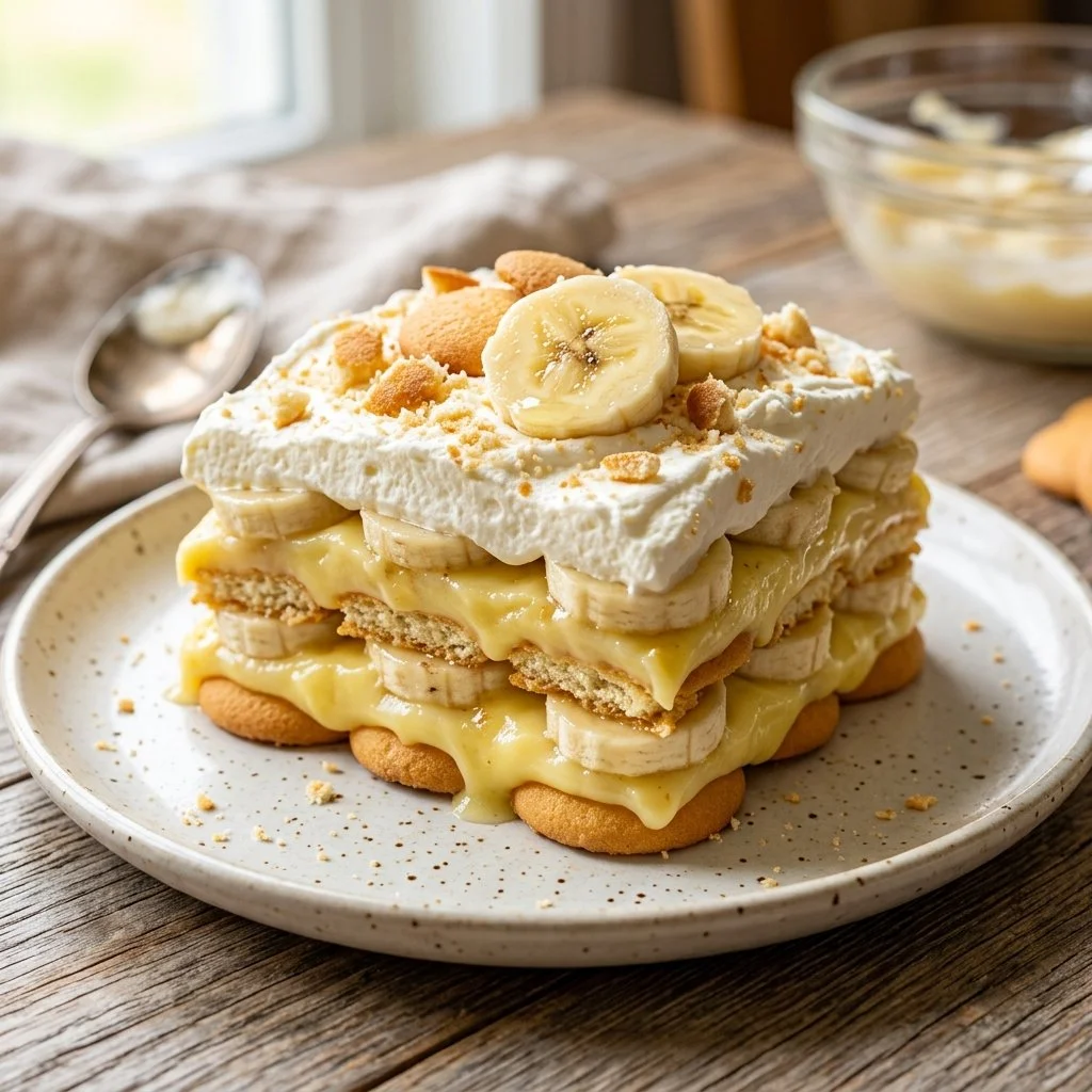 Delicious banana pudding lasagna with layers of cream and fresh bananas