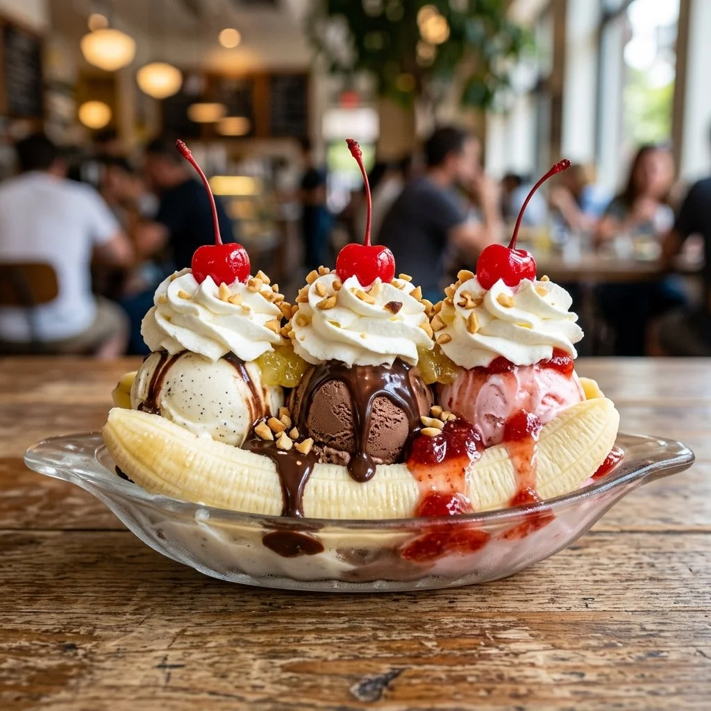 Delicious Banana Split Dessert with ice cream, banana slices, and toppings
