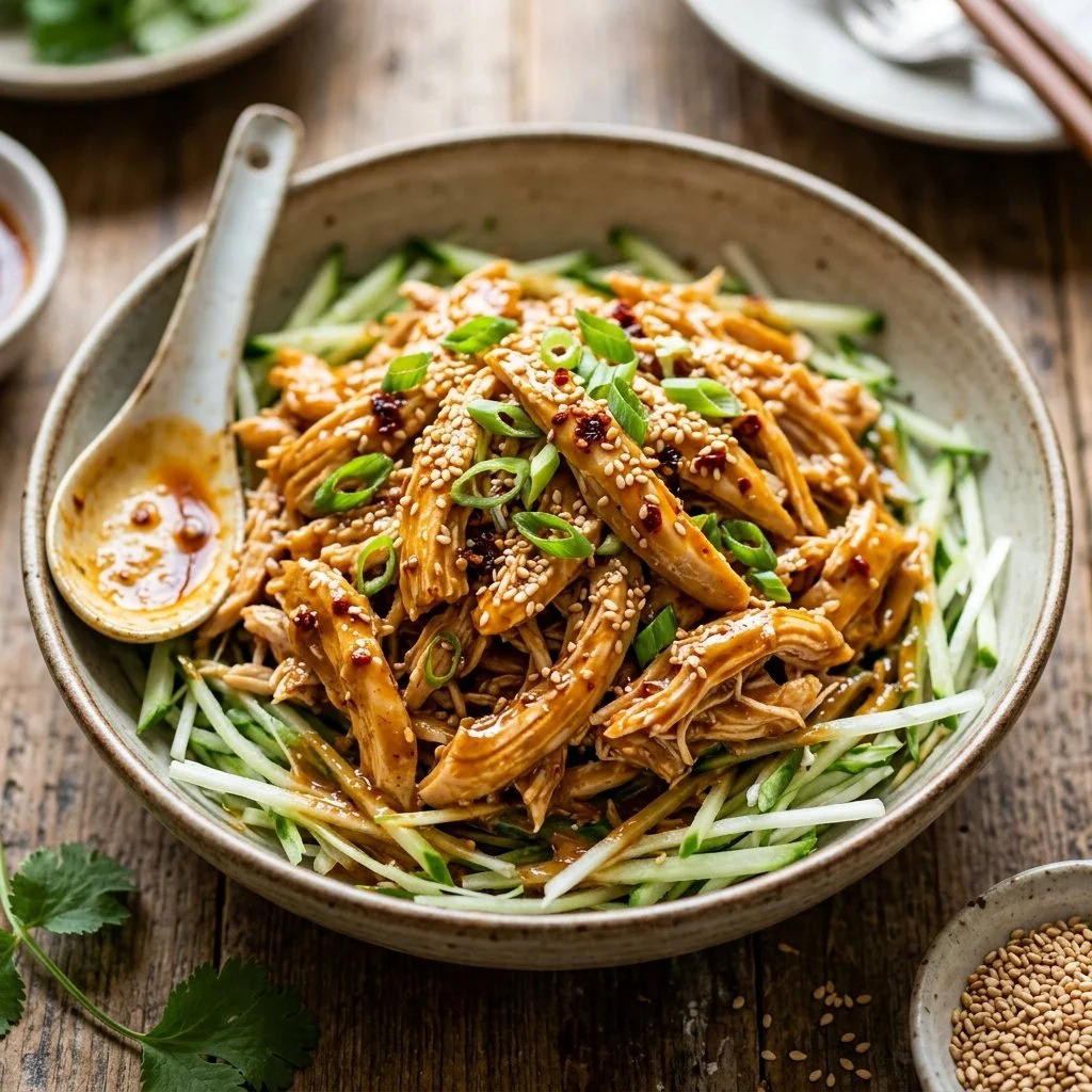 A plate of Bang Bang Chicken garnished with green onions and red chili flakes.